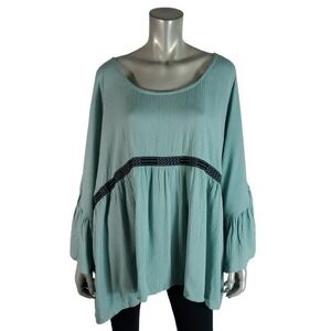 Supplies by Unionbay Peasant Top Plus Size 2X Bell Sleeve Button Back Green NWT